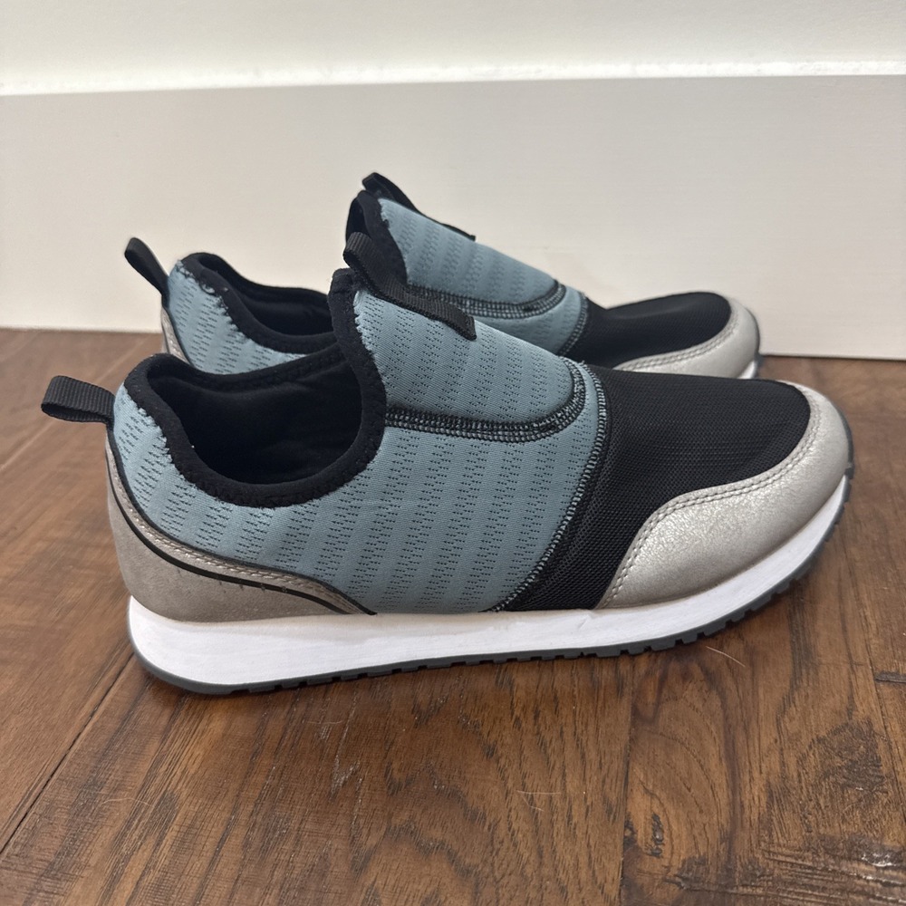 Crane Slip On Sneakers Womens 8 Black Blue Slide On Comfort Shoe No Laces Tennis
